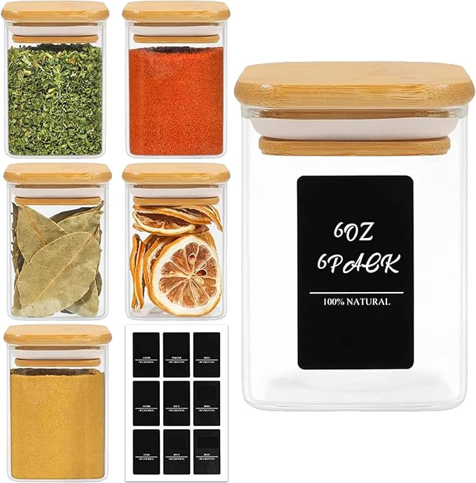ComSaf 6Pcs 6 oz Spice Jars with Label Trial Set, Glass Spice Jars with Bamboo Lids Supplementary... | Amazon (US)