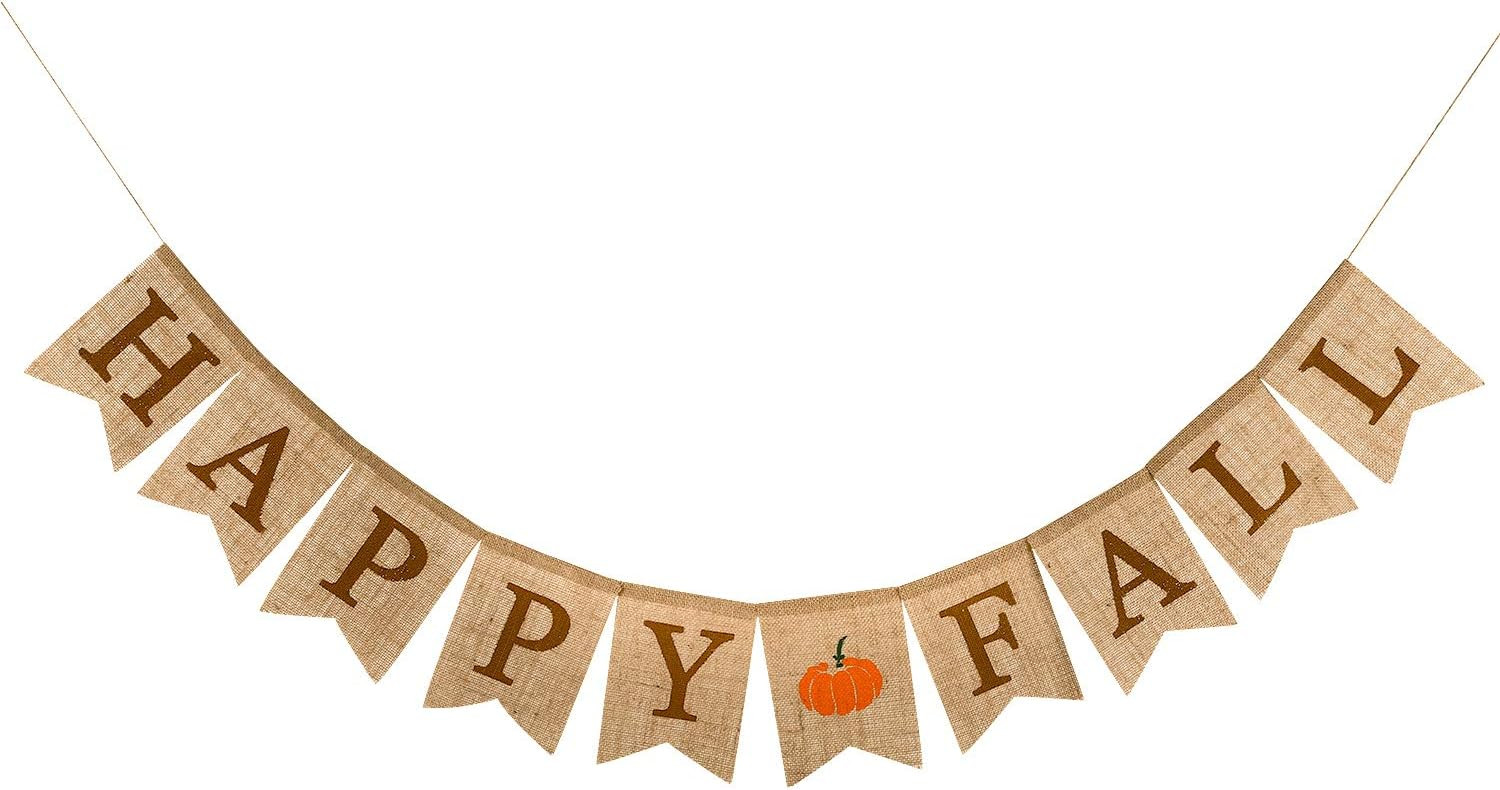 Whaline Happy Fall Pumpkin Burlap Banner Sign Autumn Harvest Home Decor Bunting Flag Garland for Mantel Fireplace Thanksgiving Day Party Decoration | Amazon (US)