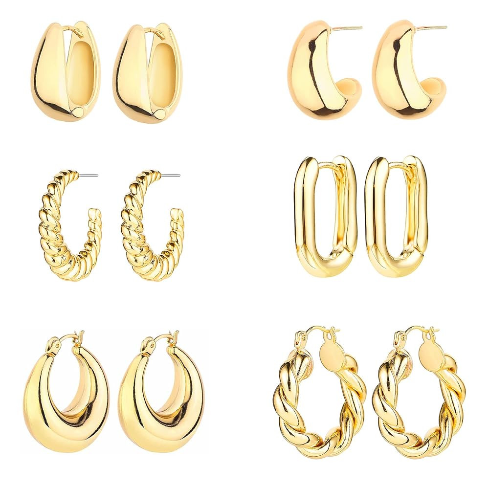 6 Pairs 14K Gold Hoop Earrings for Women Lightweight Chunky Hoop Earrings Multipack Hypoallergeni... | Amazon (US)