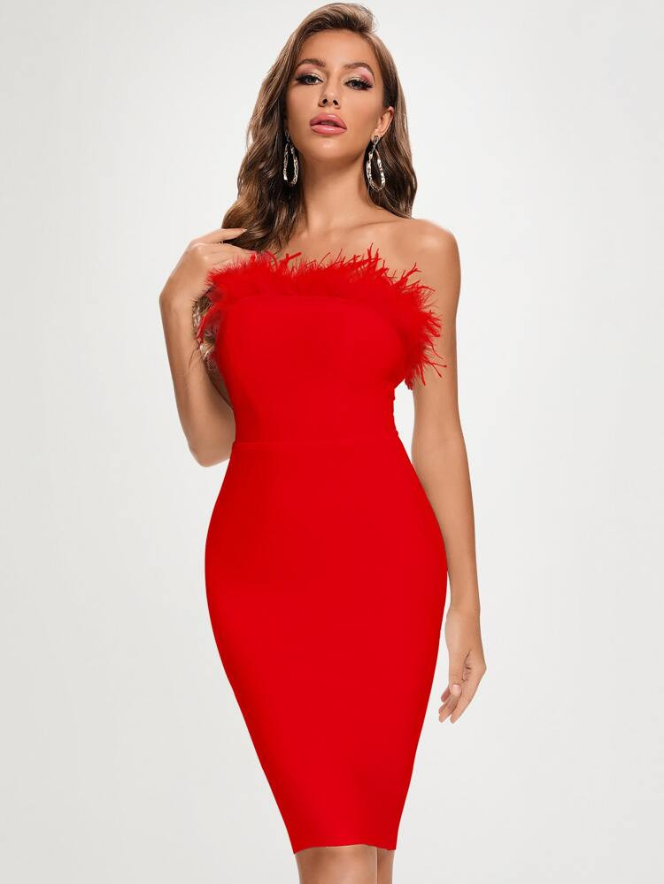 Fuzzy Trim Bodycon Tube Dress | SHEIN