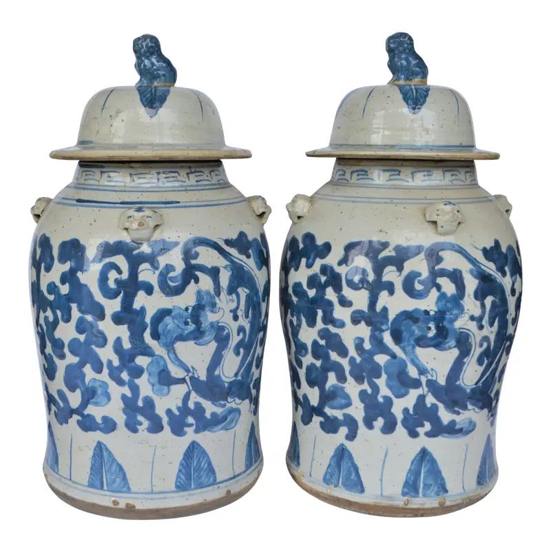 Chinoiserie Blue and White Scroll and Leaf Ginger Jars, a Pair | Chairish