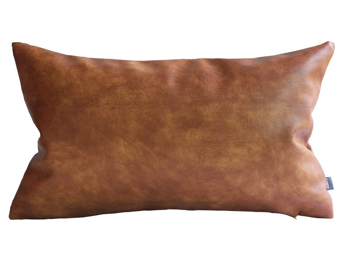 Kdays Thick Brown Faux Leather Lumbar Pillow Cover Cognac Leather Decorative Throw Pillow Case Fa... | Amazon (US)