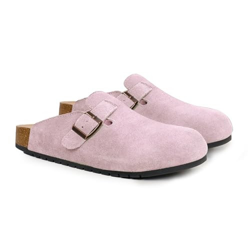 EVELLYHOOTD Women's Men's Suede Clogs Leather Mules Cork Footbed Sandals Comfort Potato Shoes with Arch Support(with Socks),Pink | Amazon (US)
