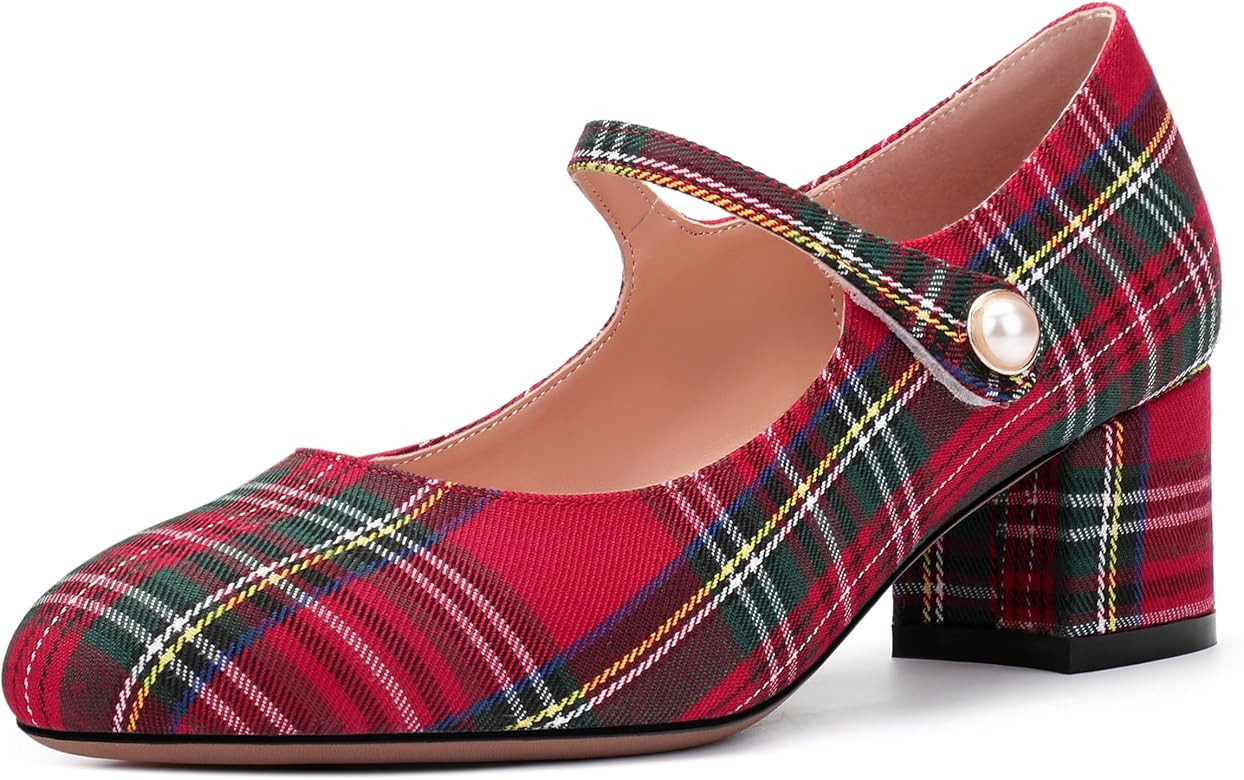 ROSERWISH Womens Velcro Strap Patent Ankle Strap Uniform Cute Round Toe Chunky Low Heel Pumps Sho... | Amazon (US)