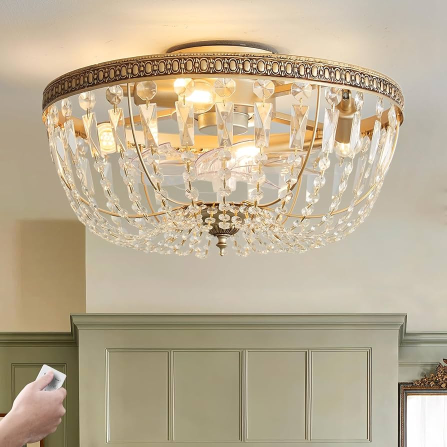 20" Flush Mount Fandelier Ceiling Fan with Light, Crystal Gold Fandelier Ceiling Fan with Light R... | Amazon (US)