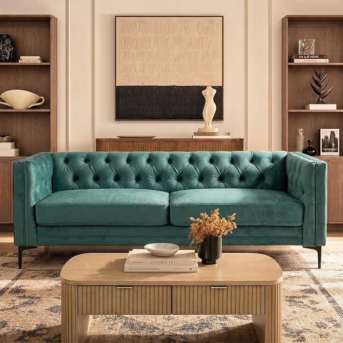 HULALA HOME 84" Faux Leather Sofa, Mid Century Modern 3 Seater Couch, Green | Button-Tufted Sofa ... | Amazon (US)