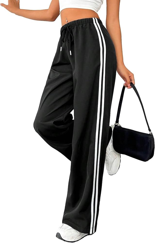 SweatyRocks Women's Drawstring Waist Striped Sweatpants Casual Wide Leg Loose Yoga Pants | Amazon (US)