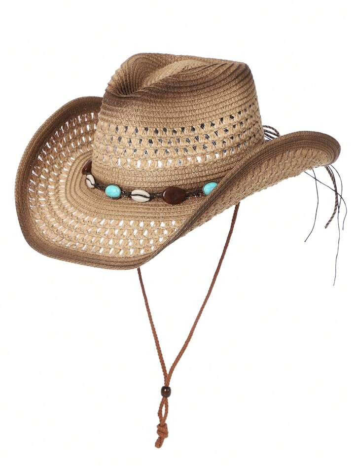 Unisex Brown Hollow Out Straw Sun Hat Cowboy Hat - Perfect For Outdoor Leisure And Beach Vacation Halloween | SHEIN