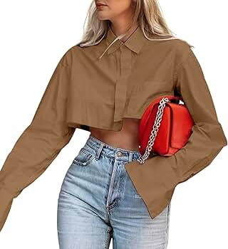 MISSACTIVER Women Solid Long Sleeve Button Up Crop Shirt Turn-Down Collar Irregular Loose Fitting... | Amazon (US)