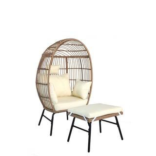 Brown Wicker Outdoor Basket Chair Patio Swing Egg Chair with Beige Cushions and Footstool | The Home Depot