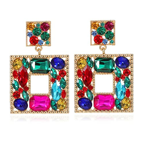 Canboer Colorful Rhinestone Square Dangle Earrings Sparkly Crystal Geometric Drop Statement Earrings Hypoallergenic for Women Party Prom | Amazon (US)