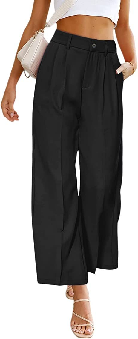 Acelitt Womens Casual Wide Leg Dress Pants High Waist Elastic Waist Capris with Pockets | Amazon (US)