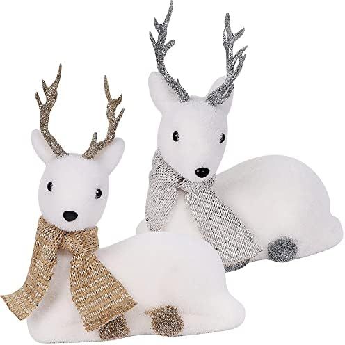Lulu Home Christmas Tabletop Ornaments, Set of 2 Flocking White Lying Reindeer Figurines with Glitte | Amazon (US)