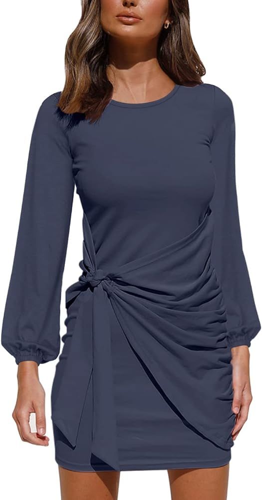 REORIA Women’s Fall Long Lantern Sleeve Crewneck Bodycon Wrap Tie Waist Mini Dresses | Amazon (US)