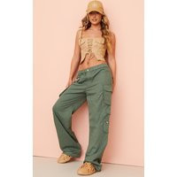 Khaki Elasticated Waist Low Rise Pocket Detail Straight Leg Cargo's | PrettyLittleThing IE