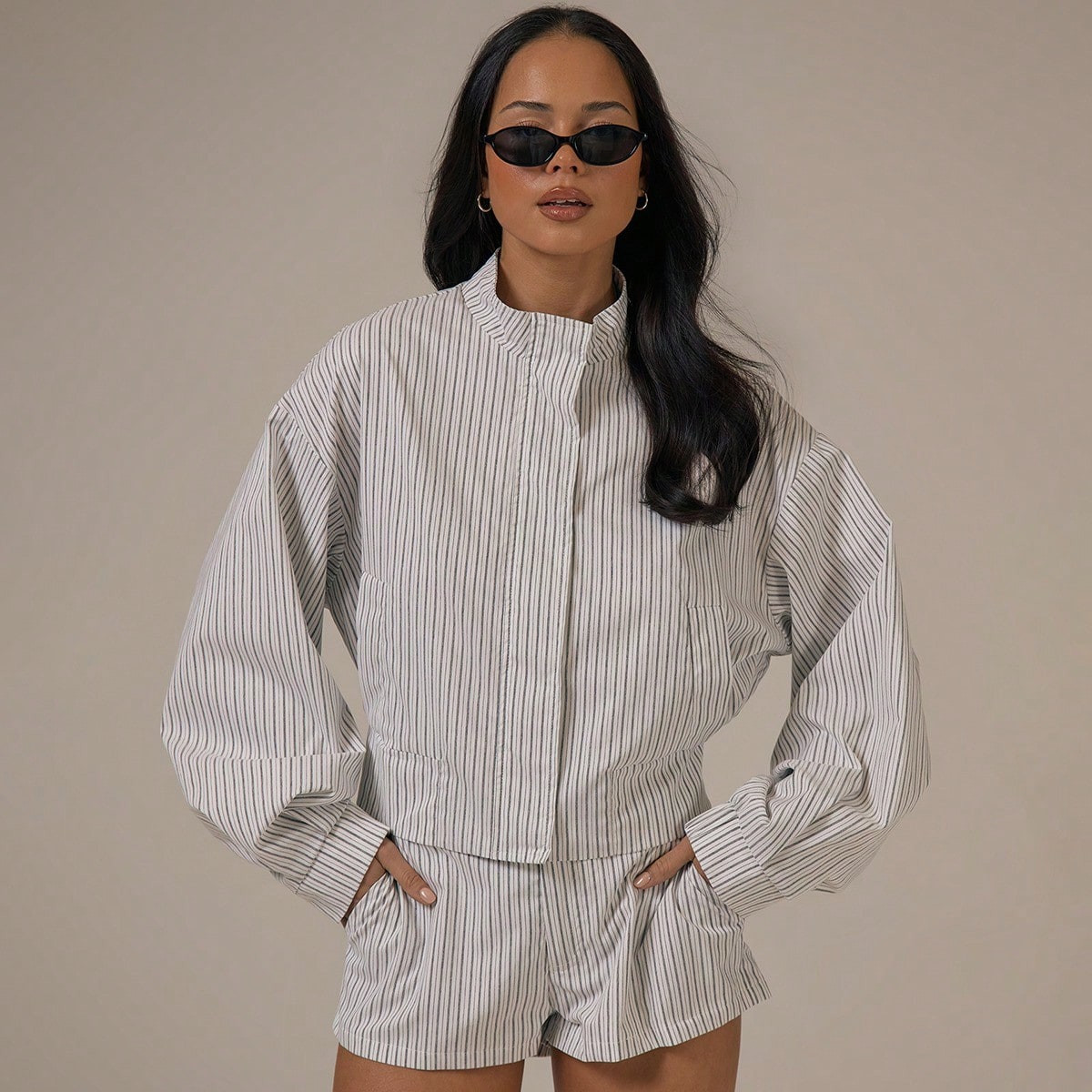 MUSERA Stripe High Neck Balloon Sleeve Zip Through Jacket Spring Summer Cute Cosy Cottage Core Spring Dew Spring Outfit Holiday Casual | SHEIN | SHEIN