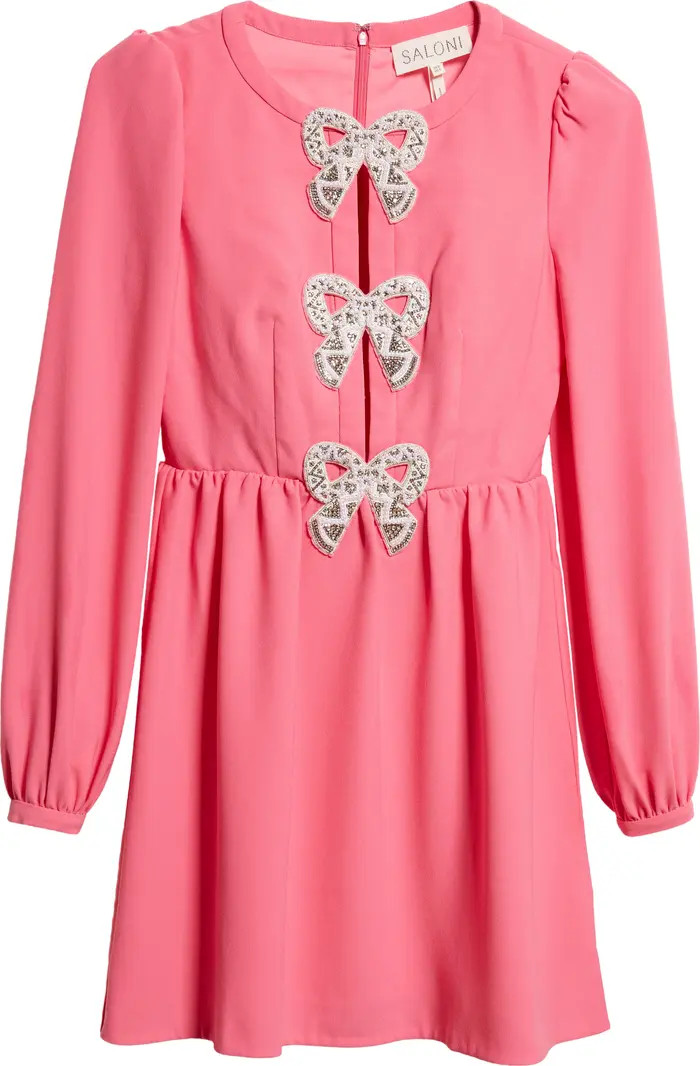 SALONI Beaded Bow Long Sleeve Crepe Dress in Cream/Black/Bows at Nordstrom, Size 2 | Nordstrom