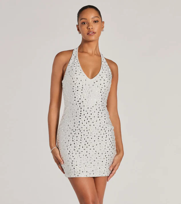 Forever Sparkling V-Neck Halter Rhinestone Mini Dress | Windsor Stores