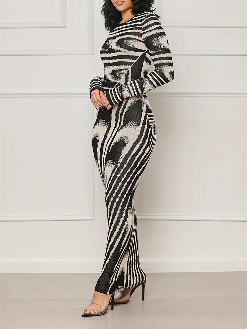 Elegant Long Sleeve Maxi Dress with Stripe Design - Chic Bodycon Knit, Perfect for All Seasons | Temu Affiliate Program