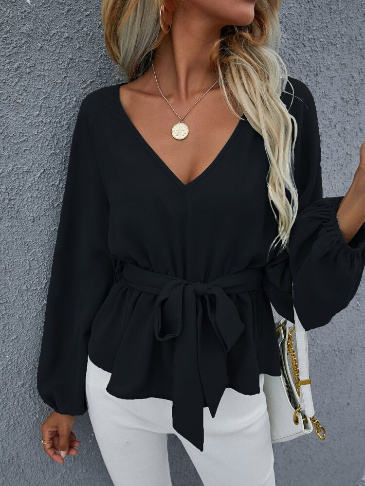 Raglan Sleeve Belted Peplum Top | SHEIN