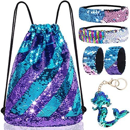 Mermaid Reversible Sequin Drawstring Backpack/Bag Blue/Purple for Kids Girls | Amazon (US)