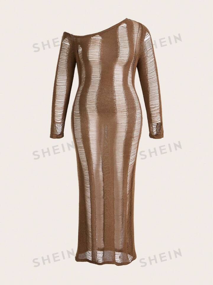 ROMWE PUNK Plus Asymmetrical Neck Ripped Sweater Dress Without Lingerie Set | SHEIN