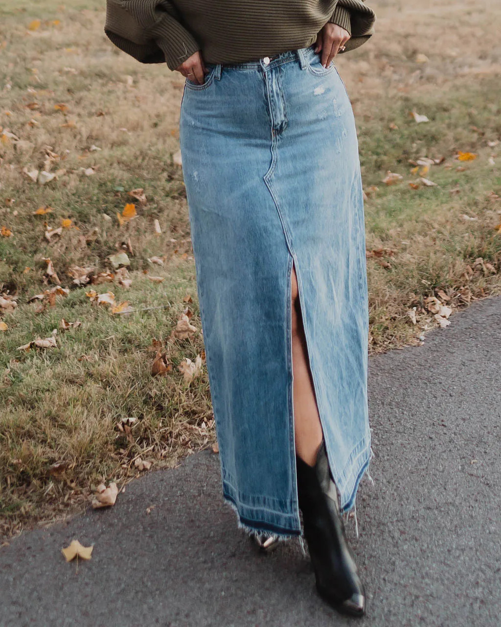 Jenna Distressed Denim Maxi Skirt | VICI