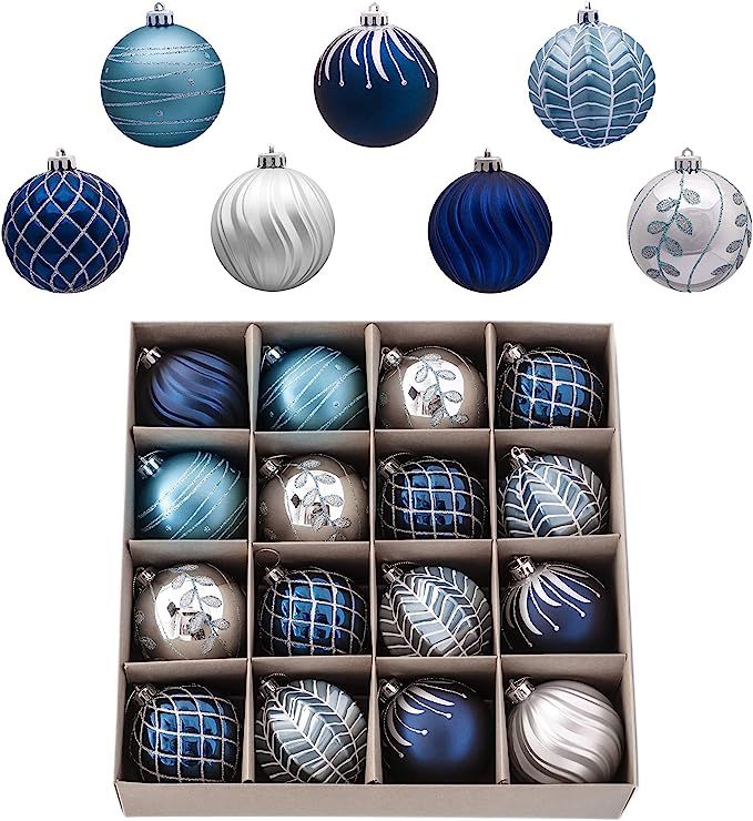 Valery Madelyn 16ct 80mm Winter Wishes Silver Blue Christmas Ball Ornaments, Shatterproof Xmas Ba... | Amazon (US)