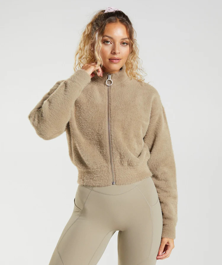 Gymshark Whitney Eyelash Knit Jacket - Cement Brown | Gymshark US