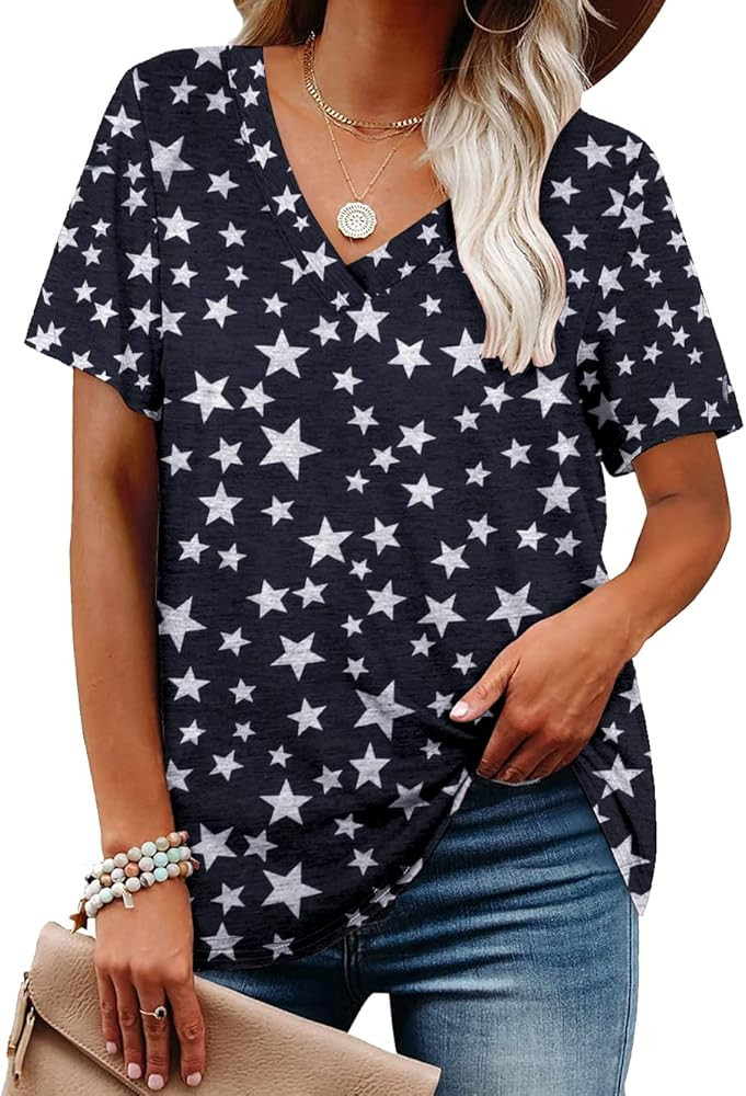 ASTANFY Women's Short Sleeve V-Neck Shirts Summer Loose Casual Tee T-Shirt | Amazon (US)