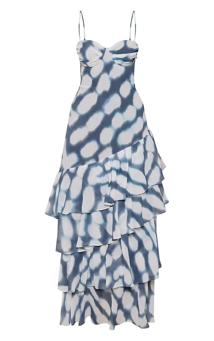 Blue Abstract Frill Hem Maxi Dress | PrettyLittleThing UK