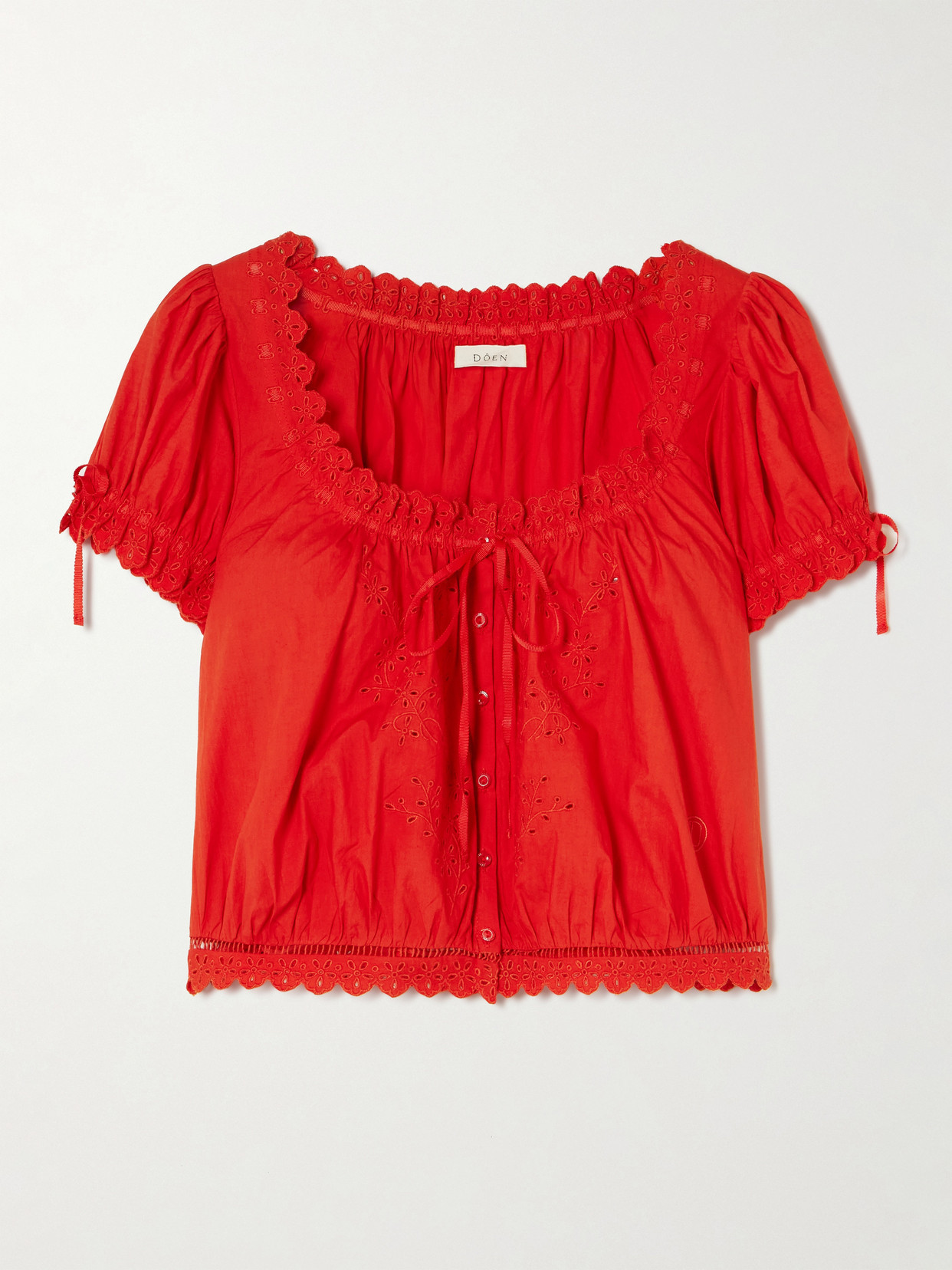 DÔEN - Nera Broderie Anglaise Organic Cotton-voile Top - Red | NET-A-PORTER (US)
