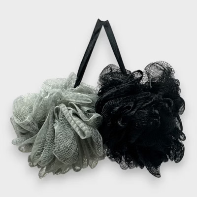 Spa Essentials 2 Pack Large Bath Loofahs - Extra Foaming Jumbo Shower Poufs Exfoliating Body Scrubber Mesh Sponges in Black & Grey | Target