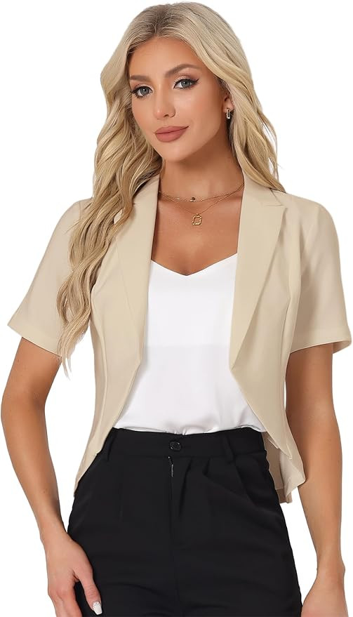 Allegra K Women's Cropped Blazer Short Sleeve Open Front Business Casual Lapel Work Office Blazer | Amazon (US)