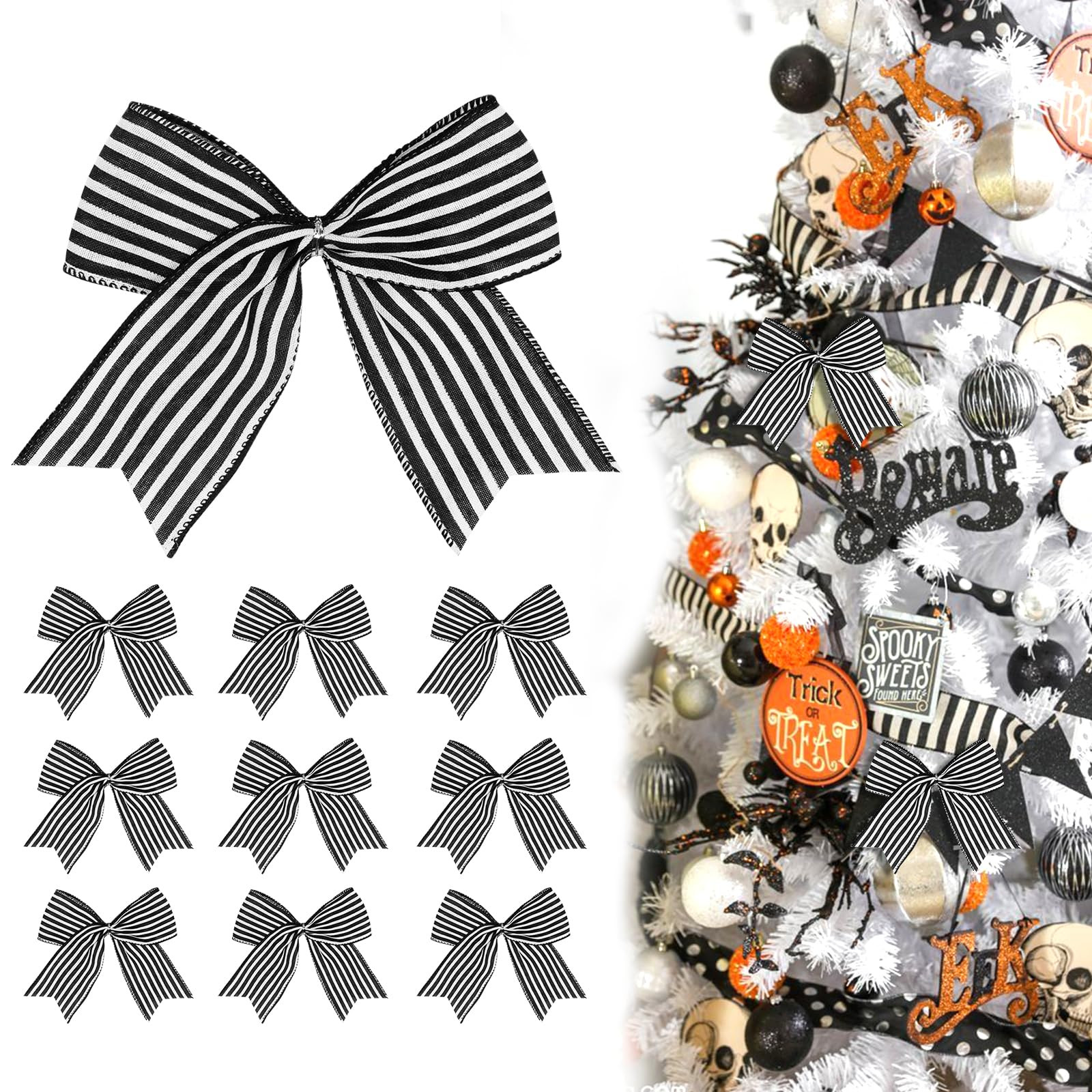 12 Pcs Black White Stripe Bows Halloween Tree Decorations,6 Inch Fall Ornaments for Christmas Tre... | Amazon (US)