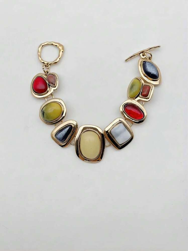 1pc European And American Retro Style Zinc Alloy Inlaid Multicolor Geometric Resin Gemstones Simp... | SHEIN