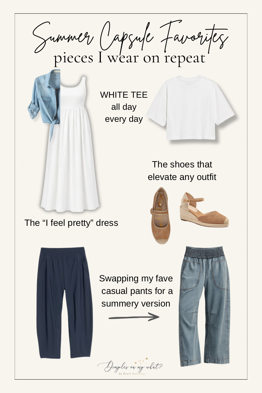 My everyday summer capsule wardrobe essentials.

Wear:
Dress - XXL; Tee - XXL; Chambray Cropped - 1X; Navy barrel - XL; 
Mary Jane Espadrilles - sized up 1/2

5'5" | Bust 46" | Waist 40" | Hips - 51" 

 #LTKOver40 #LTKMidsize #LTKPlusSize
