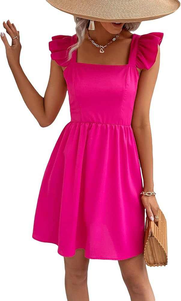 SHENHE Women's Ruffle Trim Square Neck Cap Sleeve Flare Hem Solid A Line Mini Dress | Amazon (US)