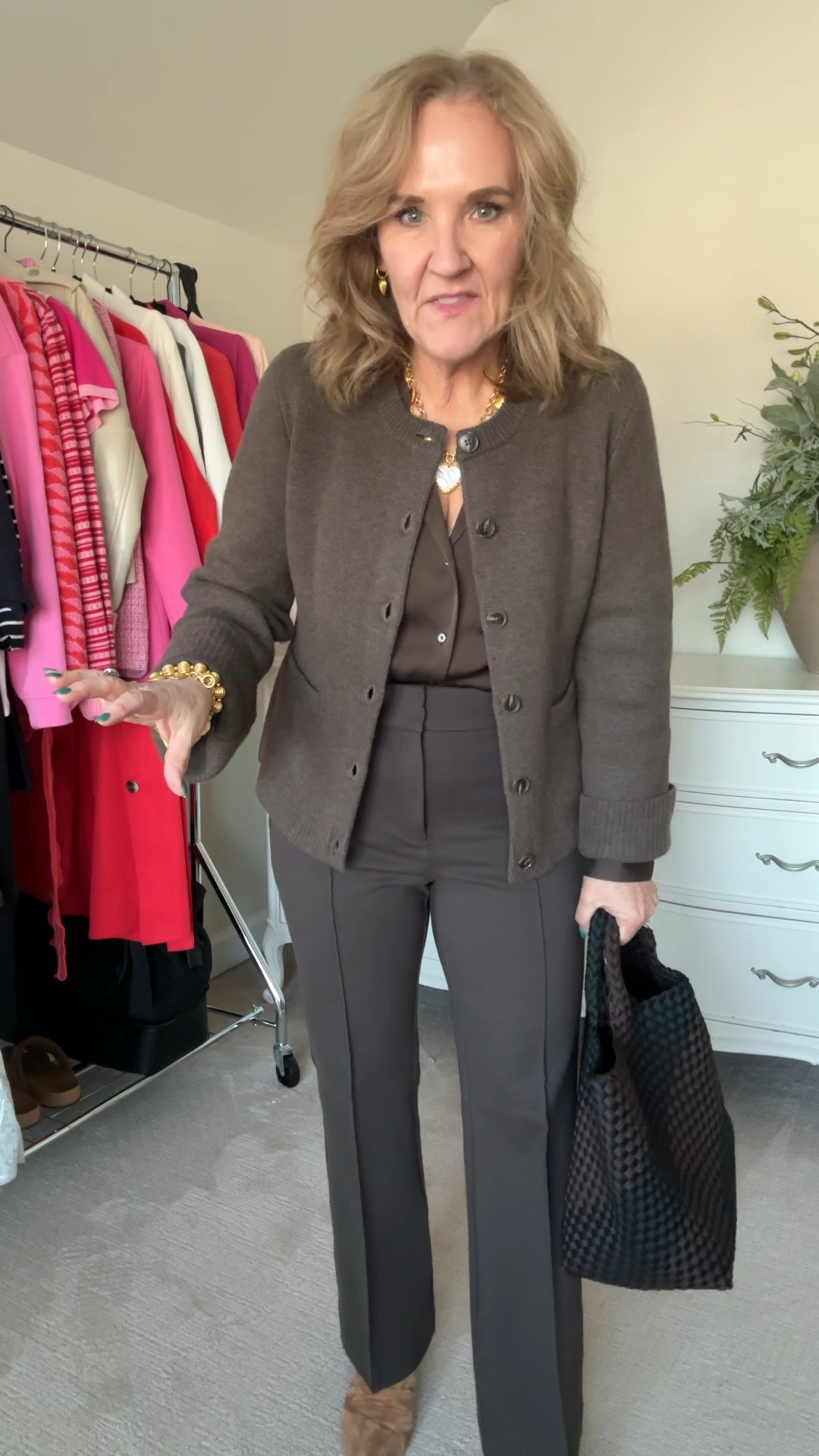 Monochromatic work outfit in browns! 

Pants size up! I’m wearing a 10 petite 
Cashmere sweater is STUNNING I’m wearing a medium 
Silk blouse size large 
Boots size up 1/2 
Tote is a Naghedi a designer bag original life the black/brown pattern 

Office outfit brown lady jacket cardigan hearts necklace gold jewelry Julie Vos 

#LTKOver40 #LTKSeasonal #LTKWorkwear