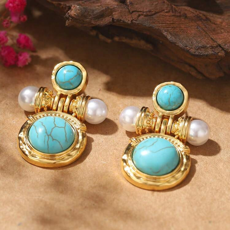 1pair Vintage Style Turquoise & Pearl Inlaid Copper Plated  925 Silver Stud Earrings For Women, D... | SHEIN