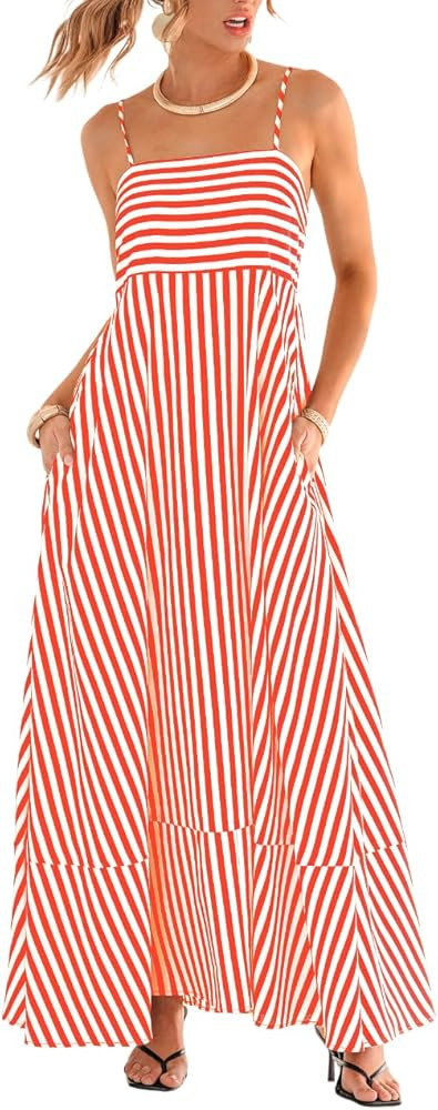 CUPSHE Womens Summer Maxi Dress Casual Sleeveless Square Neck Striped Beach Long Dress with Pocke... | Amazon (US)