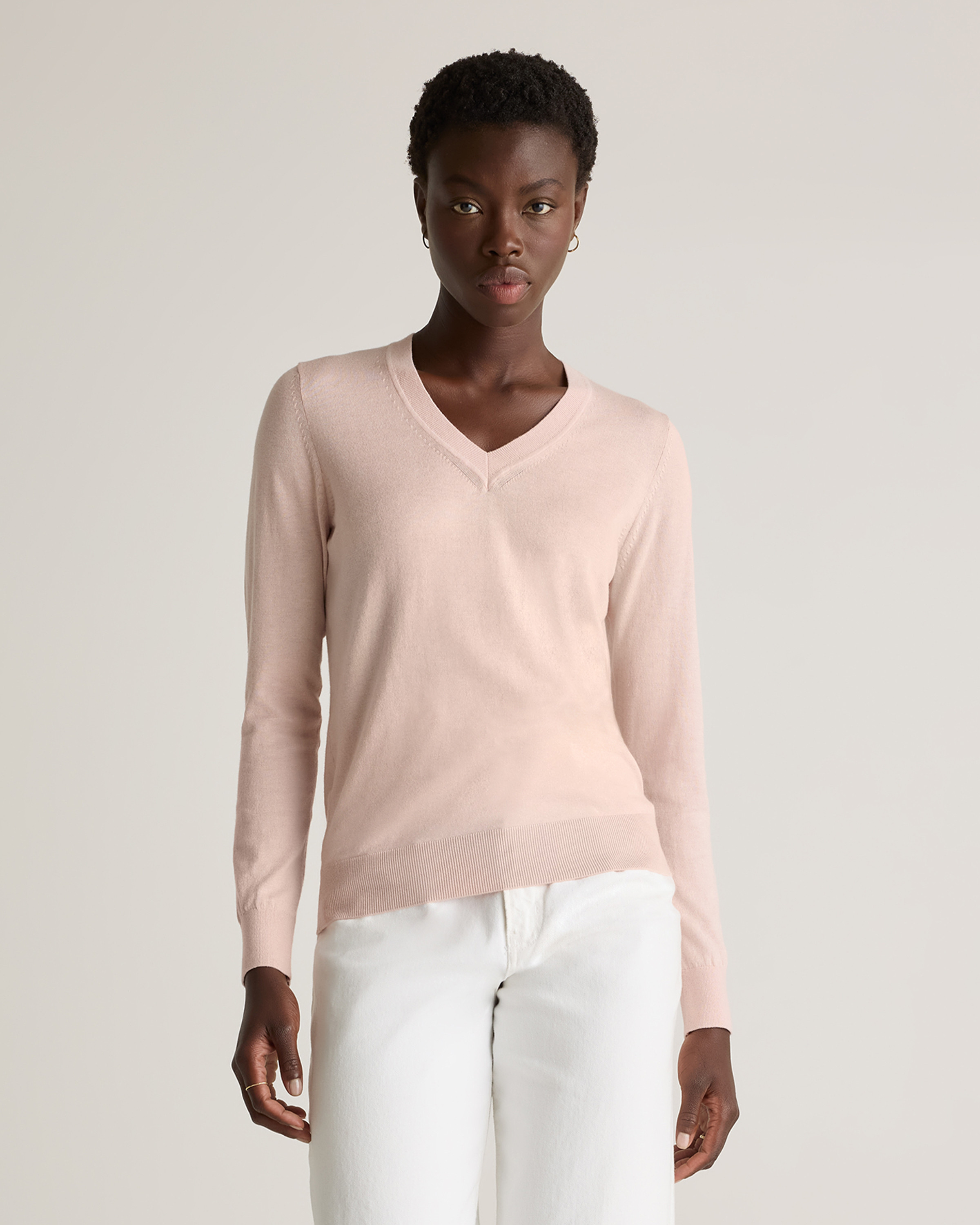 Quince | Women's Lightweight Cotton Cashmere V-Neck Sweater in Sugar Stone, Size Large, Organic Cotton | Quince