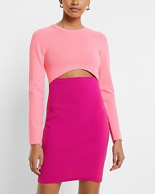 Body Contour Long Sleeve Color Block Cutout Mini Sweater Dress | Express