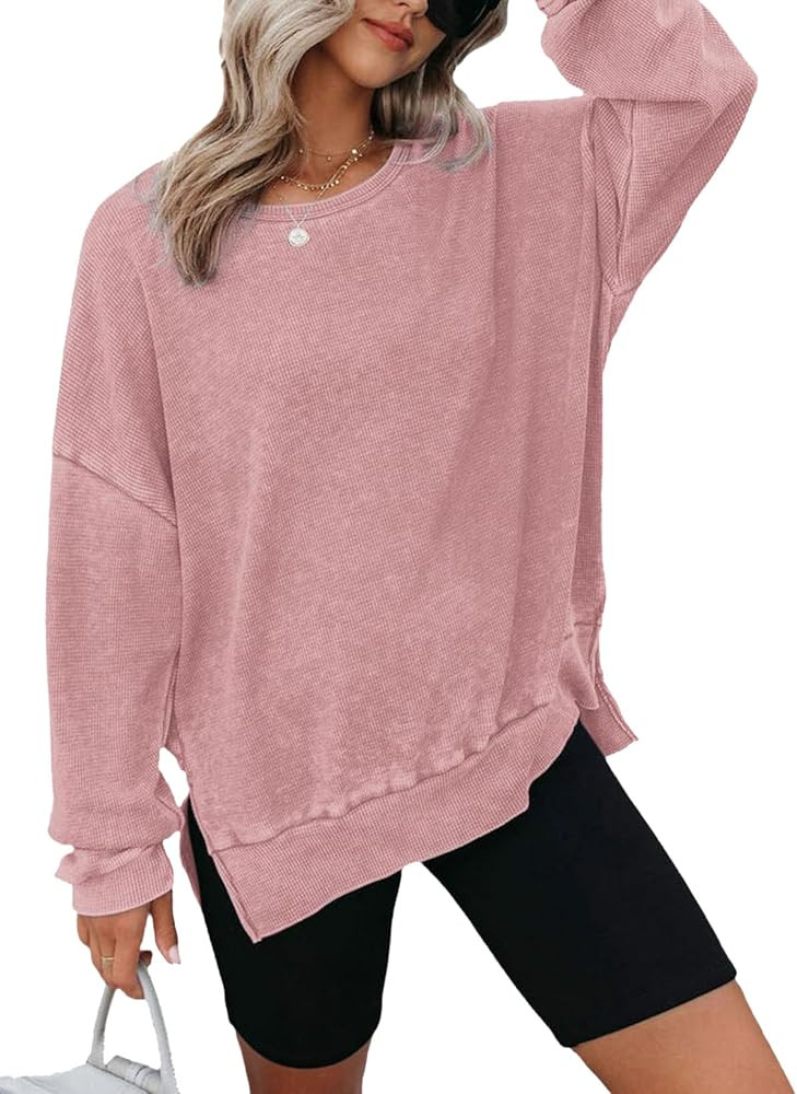 Dokotoo Womens Oversized Waffle Knit Crewneck Sweatshirts Long Sleeve Side Slits Casual Pullover ... | Amazon (US)