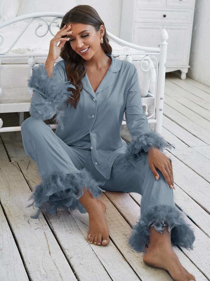Solid Button Front Blouse & Fuzzy Trim Pants PJ Set | SHEIN