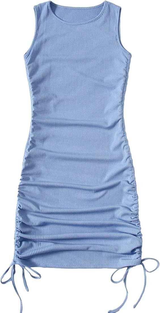 SheIn Women's Ruched Sleeveless Mini Bodycon Dress Drawstring Tie Side Round Neck Short Dresses | Amazon (US)