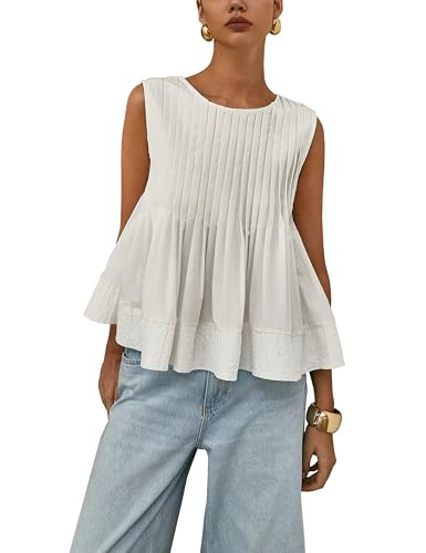 Womens Summer Pleated Peplum Sleeveless Blouse Tank Tops Round Neck Y2K Babydoll Blouse Shirt | Amazon (US)