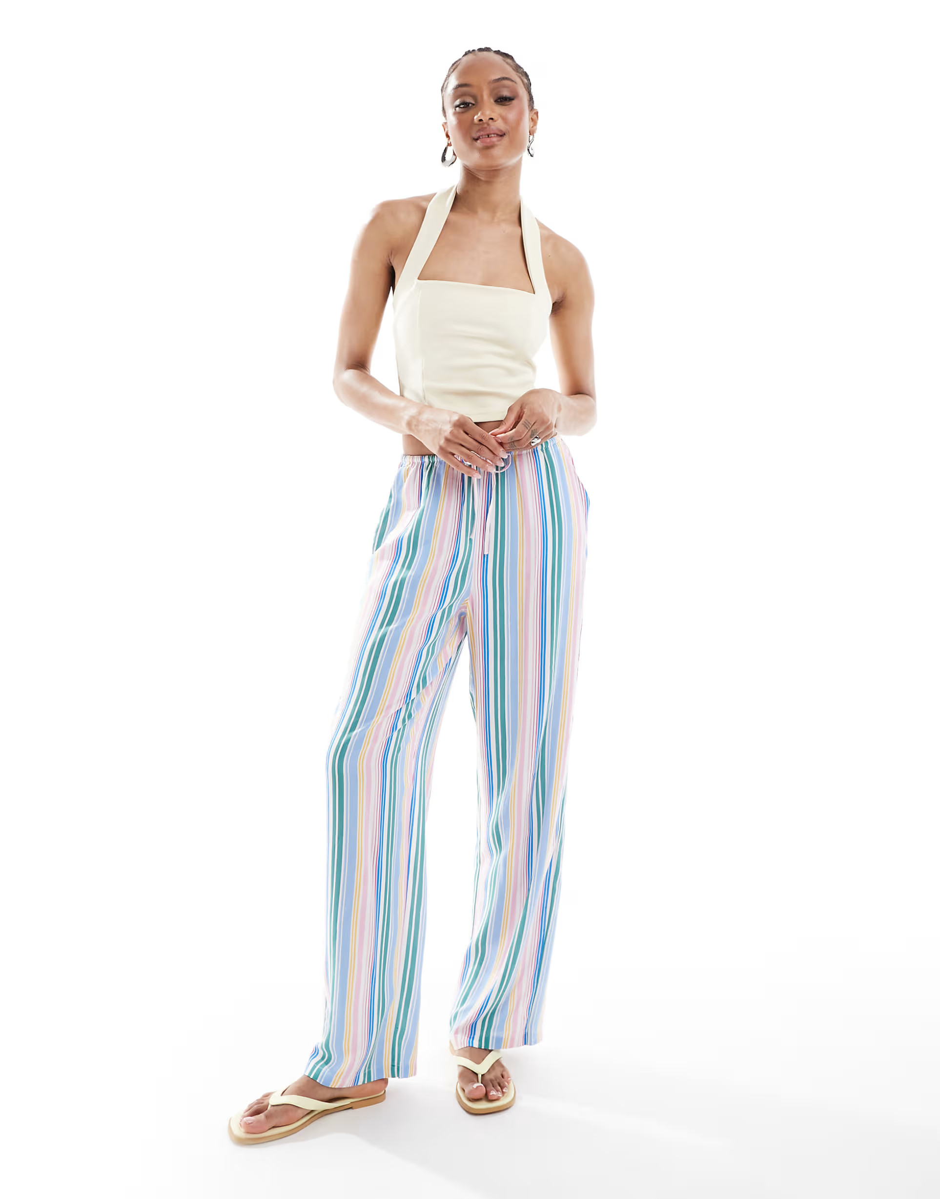 › Vero Moda Tall Easy tie waist wide leg trousers in candy stripe | ASOS (Global)