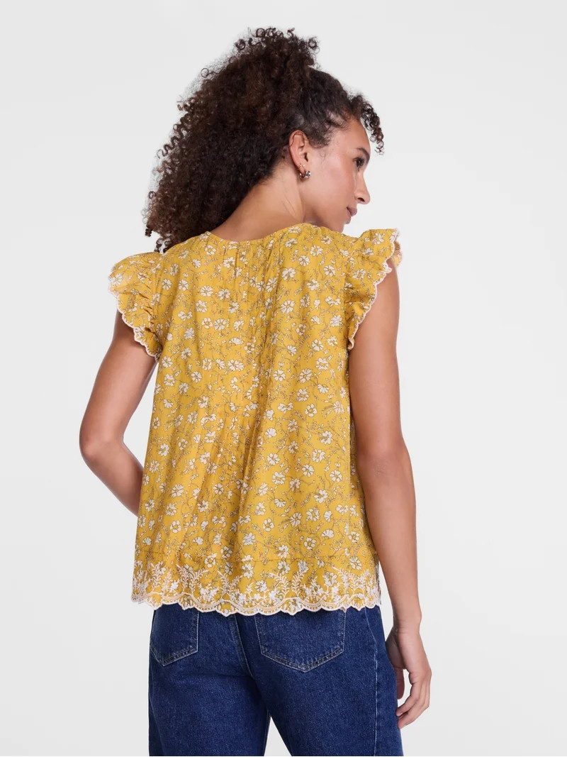 Scenario Women's and Women's Plus Short Sleeve Pleated Embroidered Printed Top, Sizes XS-4X | Walmart (US)