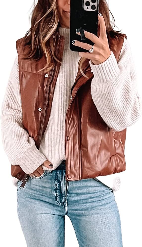Amazon.com: UANEO Womens PU Leather Cropped Puffer Vest Winter Faux Leather Zip Up Sleeveless Jac... | Amazon (US)